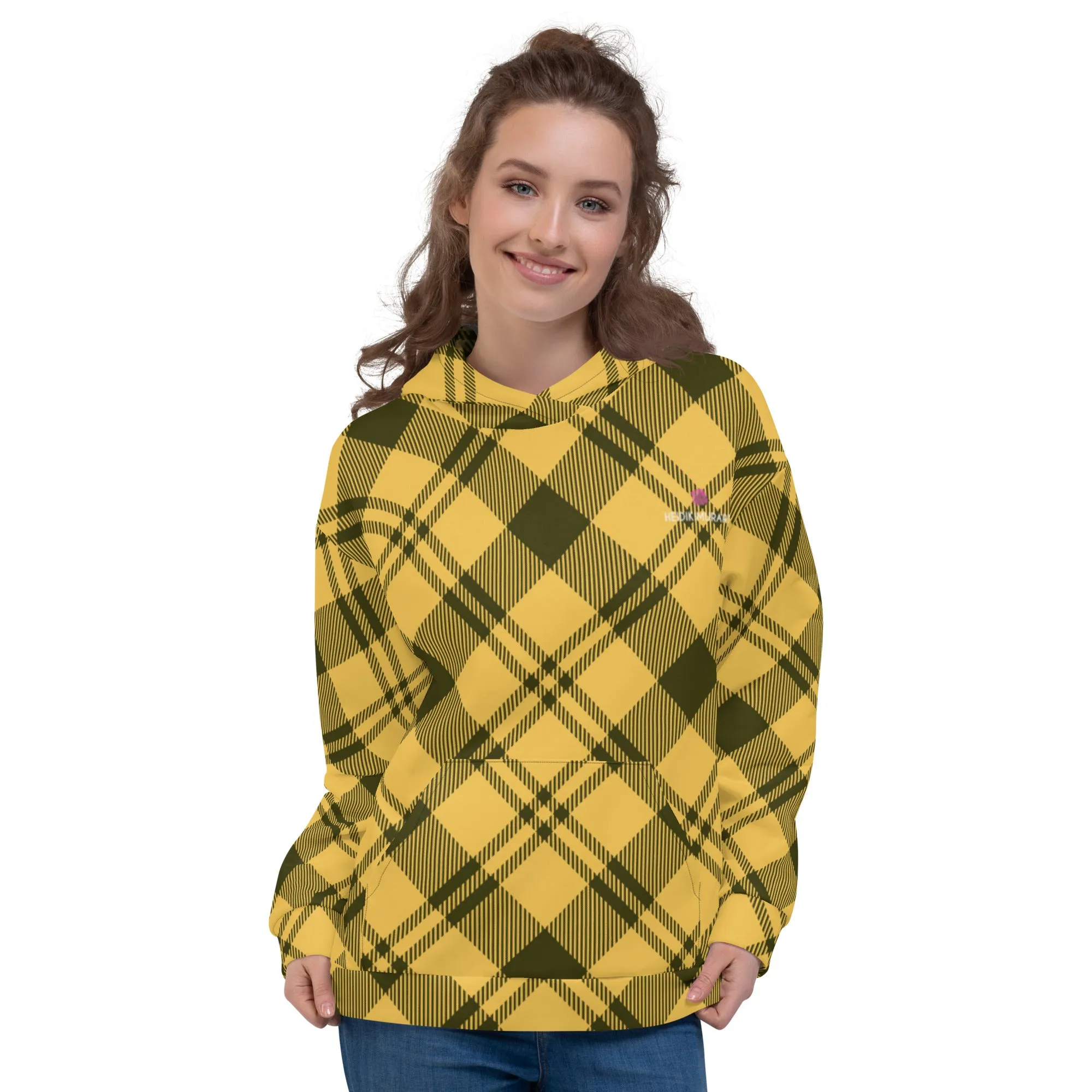 Yellow Black Plaid Printed Hoodie, Plaid Print Unisex Soft Fleece Designer Hoodie- Made in USA/MX/EU