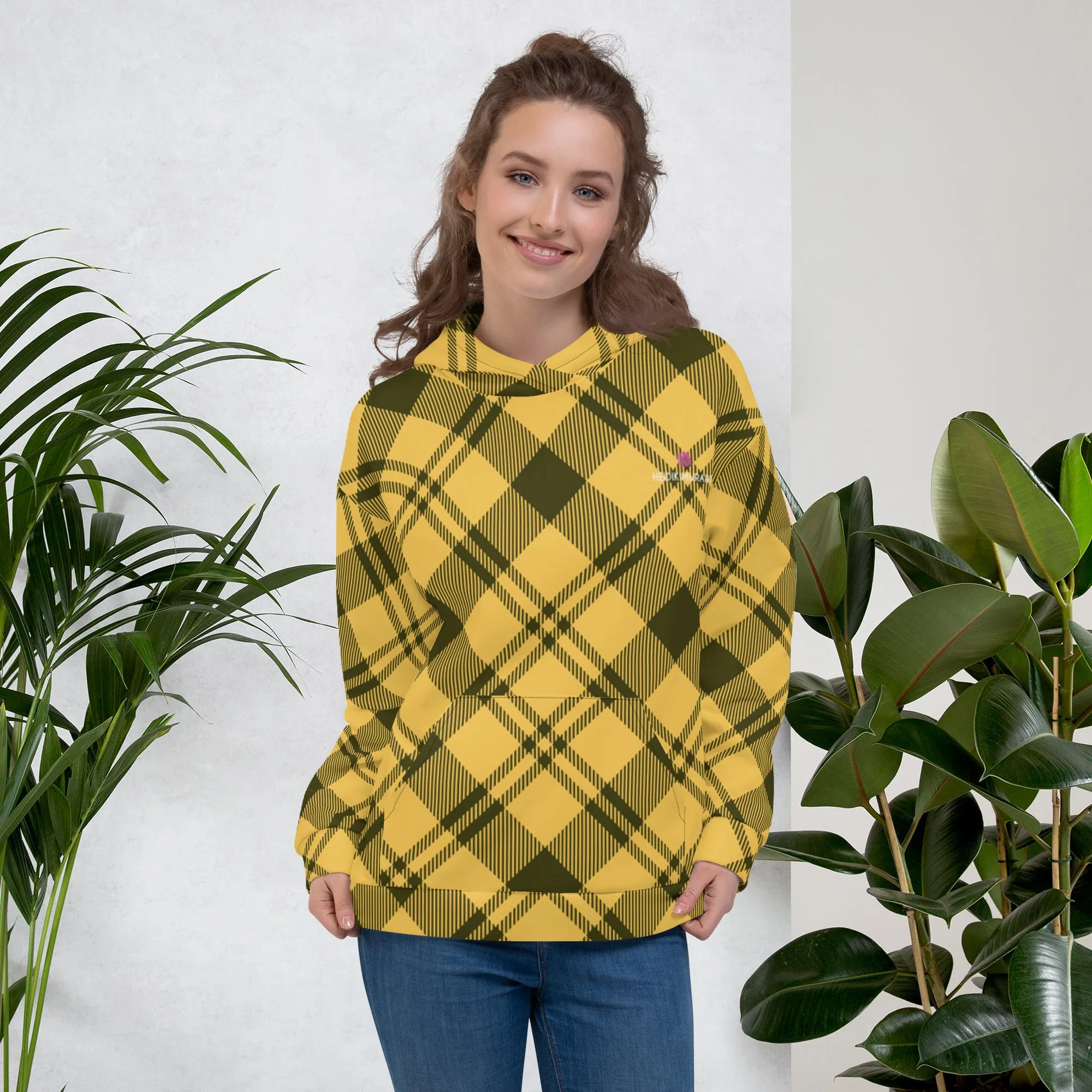 Yellow Black Plaid Printed Hoodie, Plaid Print Unisex Soft Fleece Designer Hoodie- Made in USA/MX/EU