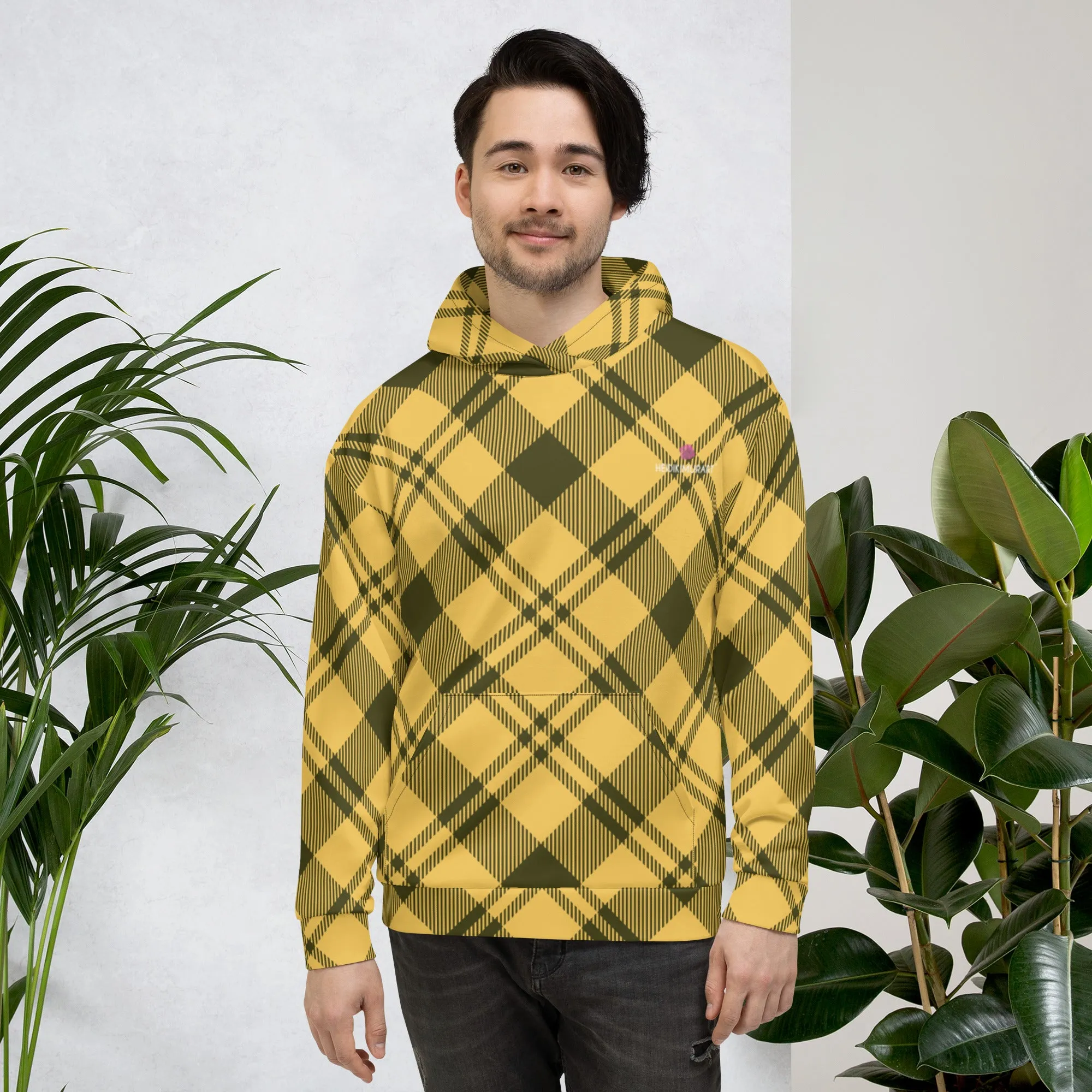 Yellow Black Plaid Printed Hoodie, Plaid Print Unisex Soft Fleece Designer Hoodie- Made in USA/MX/EU