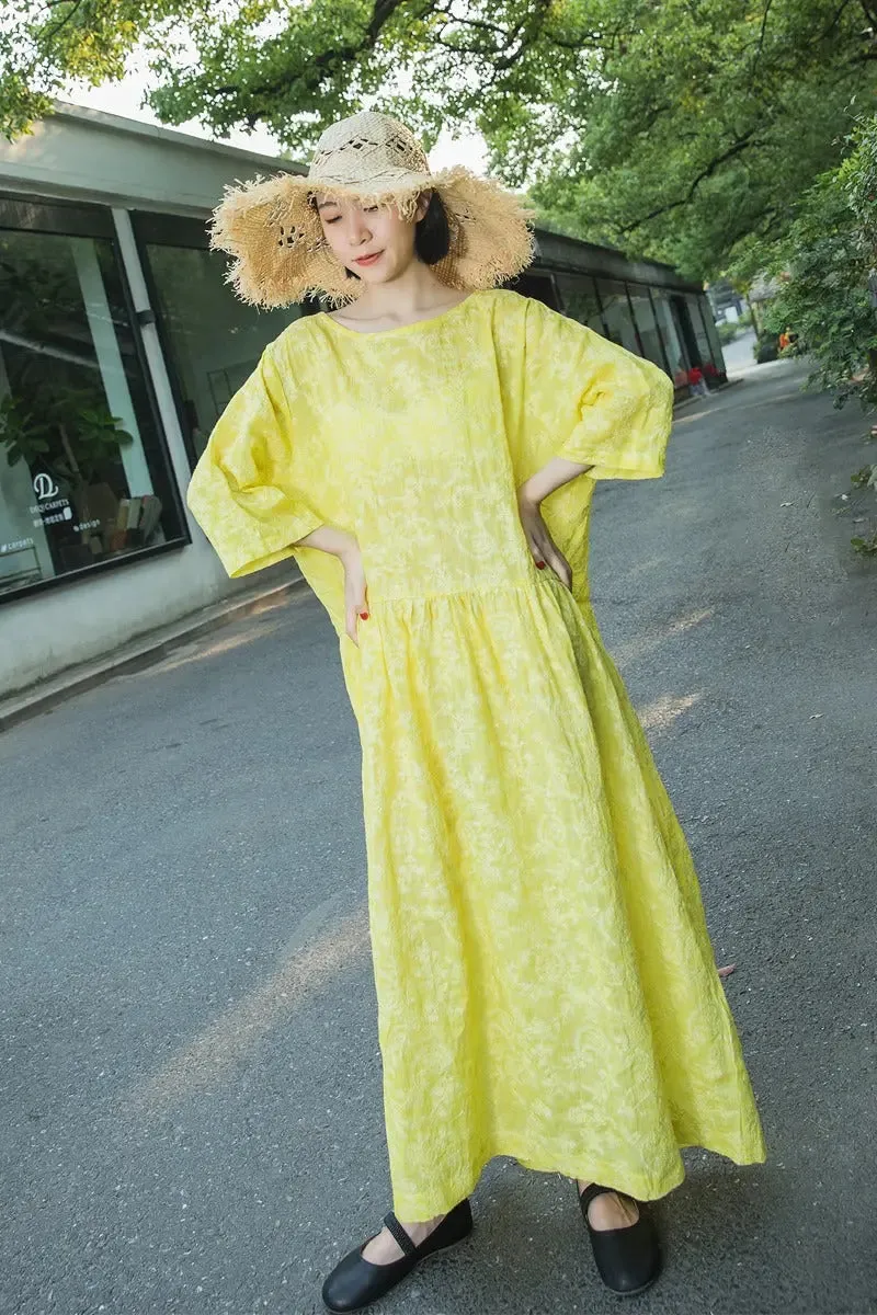 Yellow Summer Dress Linen Jacquard Dress with Loose Waist