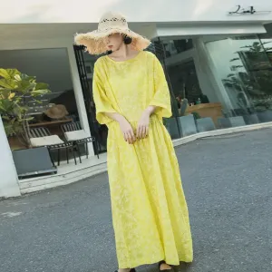 Yellow Summer Dress Linen Jacquard Dress with Loose Waist