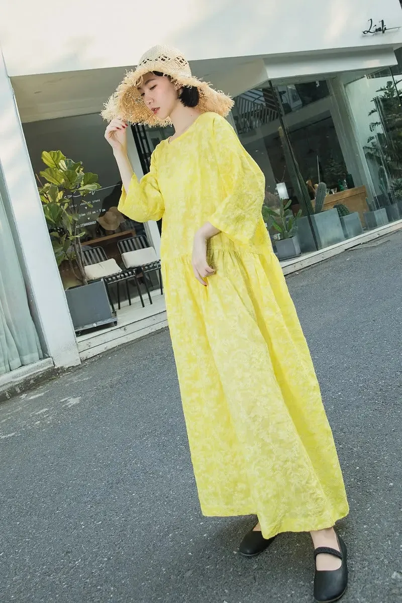 Yellow Summer Dress Linen Jacquard Dress with Loose Waist