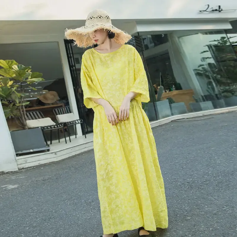 Yellow Summer Dress Linen Jacquard Dress with Loose Waist