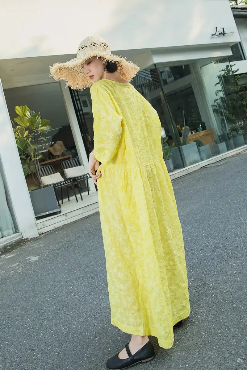 Yellow Summer Dress Linen Jacquard Dress with Loose Waist