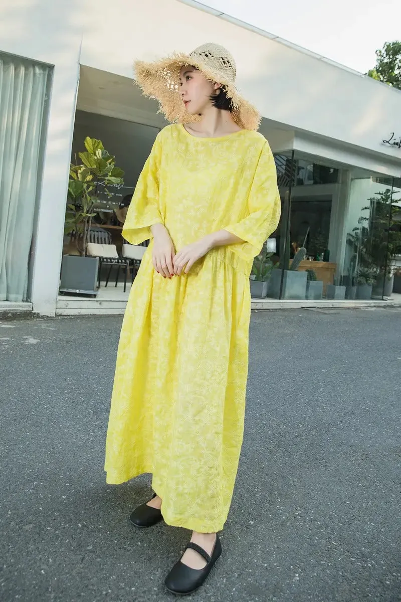 Yellow Summer Dress Linen Jacquard Dress with Loose Waist
